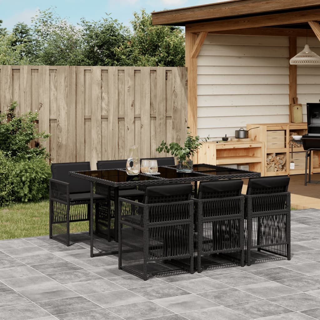 Set da Pranzo da Giardino 7 pz Nero con Cuscini in Polyrattan - homemem39