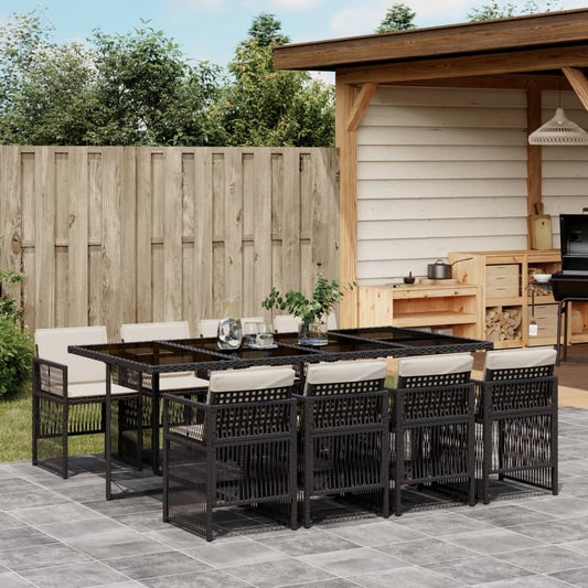Set da Pranzo da Giardino 9 pz con Cuscini Nero in Polyrattan - homemem39