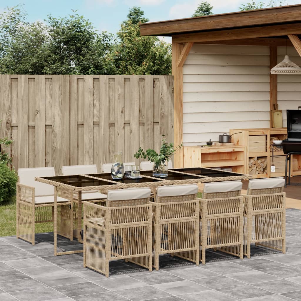 Set da Pranzo da Giardino 9 pz con Cuscini Beige in Polyrattan - homemem39