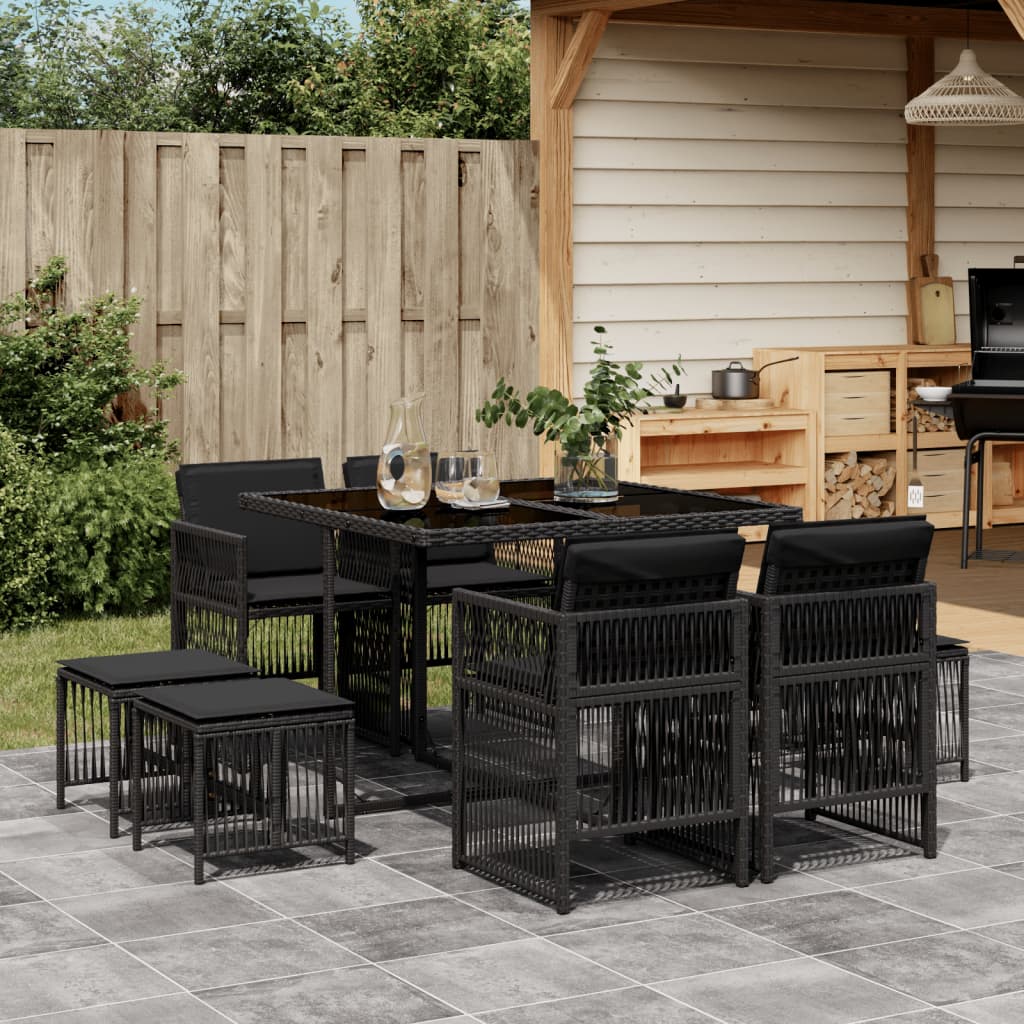 Set da Pranzo da Giardino 9 pz con Cuscini Nero in Polyrattan - homemem39
