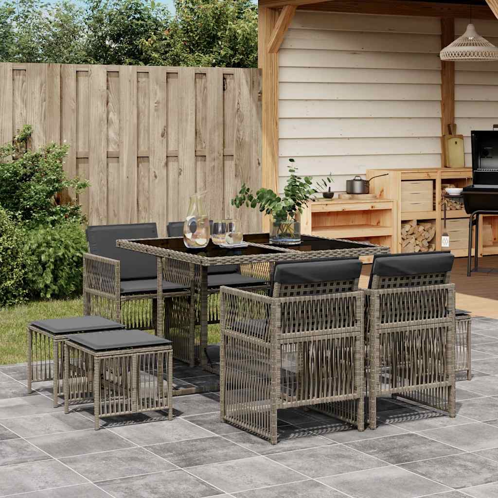 Set da Pranzo da Giardino 9 pz con Cuscini in Polyrattan Grigio | homemem39