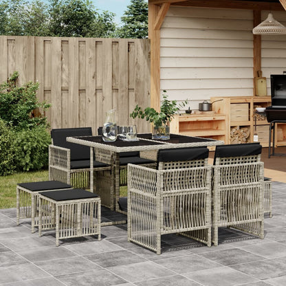 Set Pranzo da Giardino 9pz con Cuscini Grigio Chiaro Polyrattan