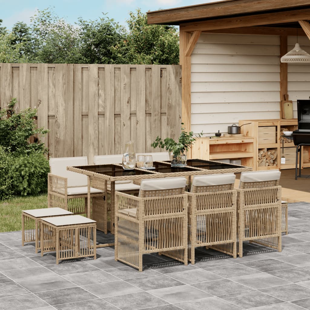 Set da Pranzo da Giardino 11 pz con Cuscini Beige in Polyrattan - homemem39