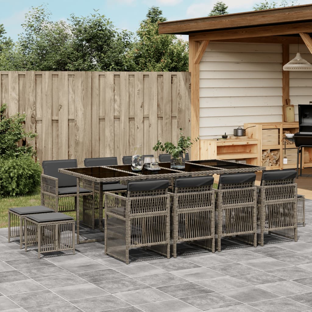 Set da Pranzo da Giardino 13pz con Cuscini Grigio in Polyrattan - homemem39