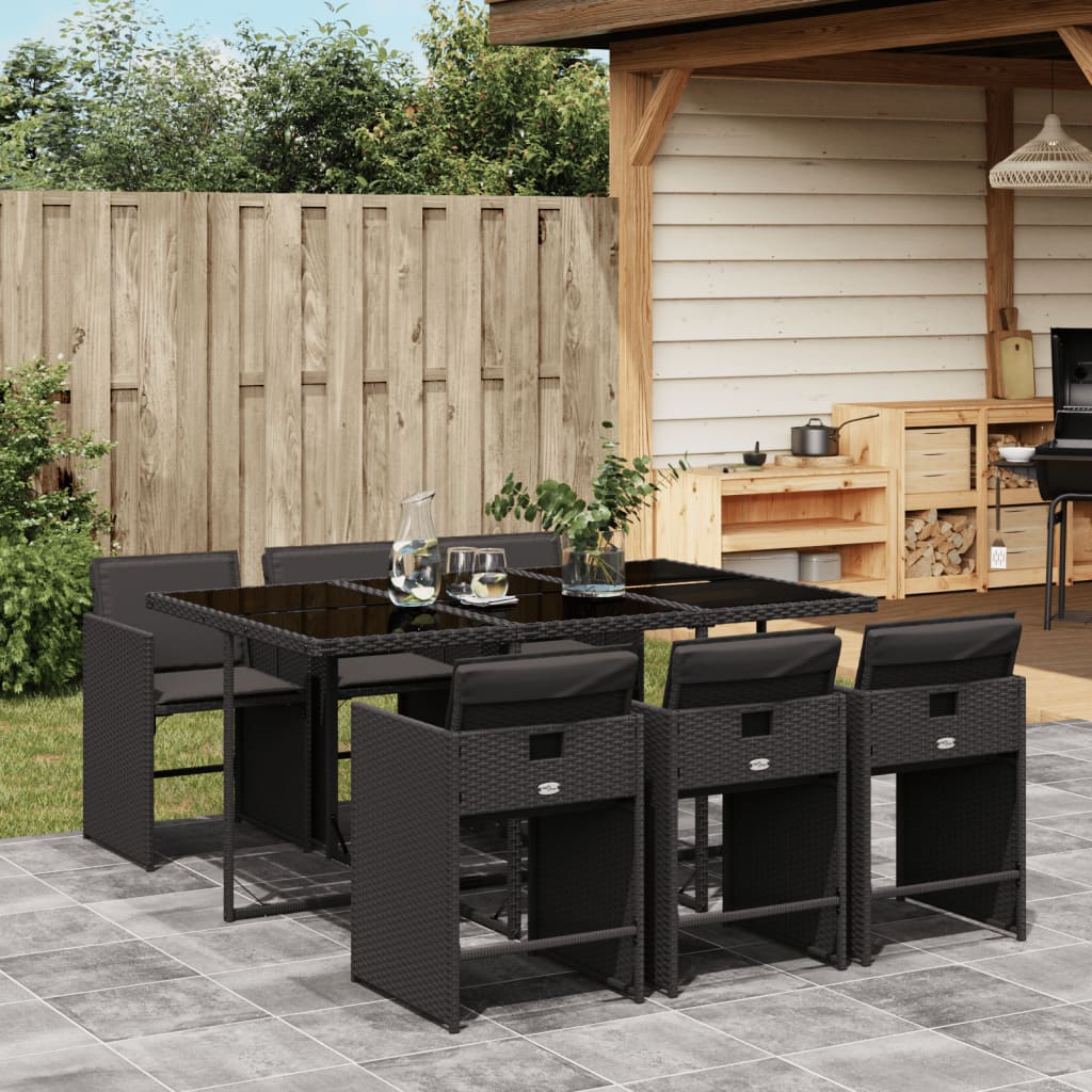 Set da Pranzo da Giardino 7 pz Nero con Cuscini in Polyrattan - homemem39