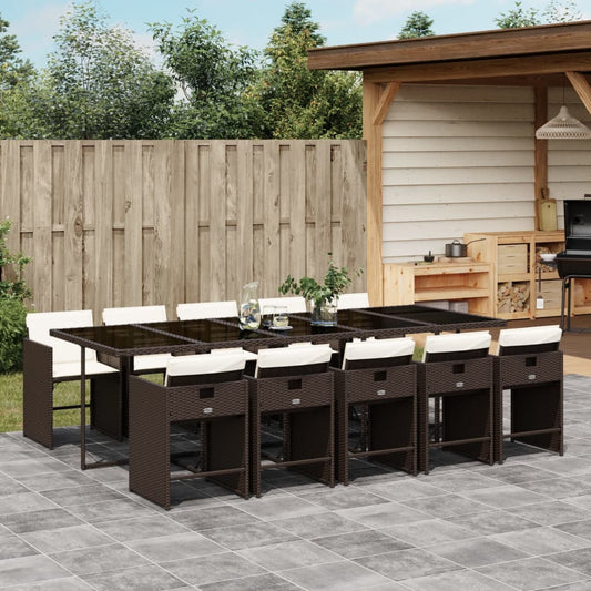 Set da Pranzo da Giardino 11 pz con Cuscini Polyrattan Marrone - homemem39