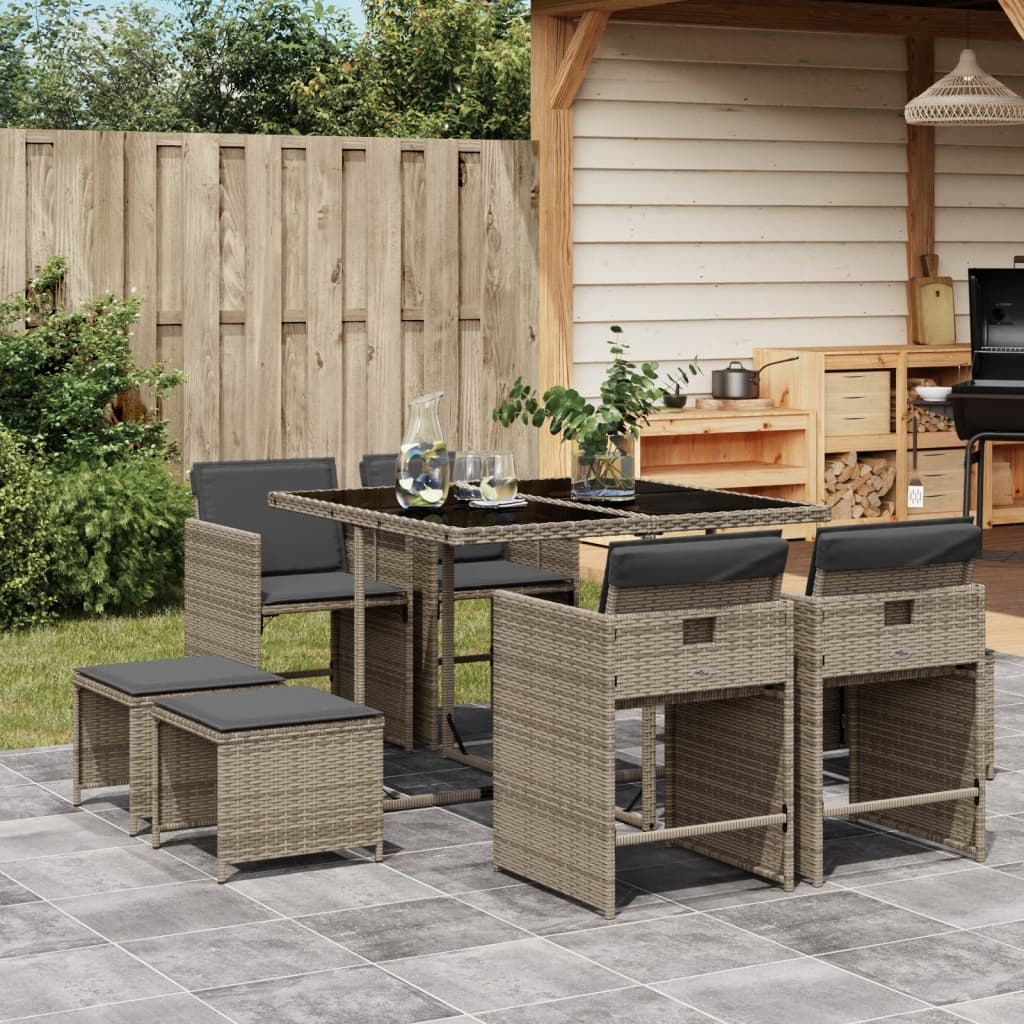 Set da Pranzo da Giardino 9 pz con Cuscini in Polyrattan Grigio - homemem39