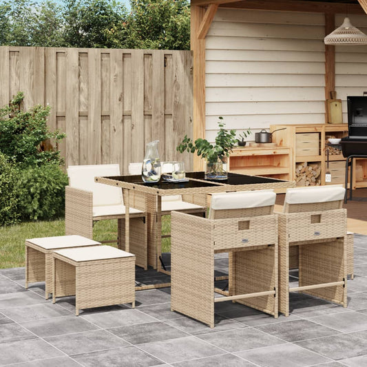 Set da Pranzo da Giardino 9 pz con Cuscini Beige in Polyrattan