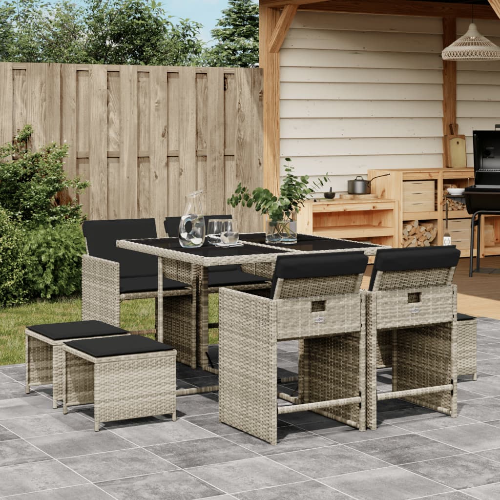 Set Pranzo da Giardino 9pz con Cuscini Grigio Chiaro Polyrattan - homemem39