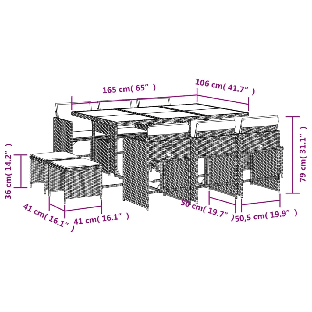 Set da Pranzo da Giardino 11 pz con Cuscini in Polyrattan Nero