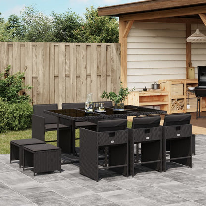 Set da Pranzo da Giardino 11 pz con Cuscini in Polyrattan Nero