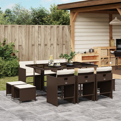 Set da Pranzo da Giardino 11 pz con Cuscini Polyrattan Marrone