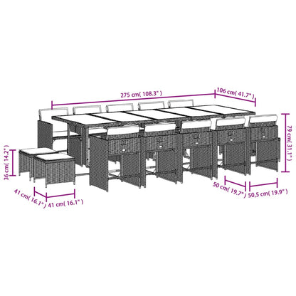 Set da Pranzo da Giardino 15 pz con Cuscini Marrone Polyrattan