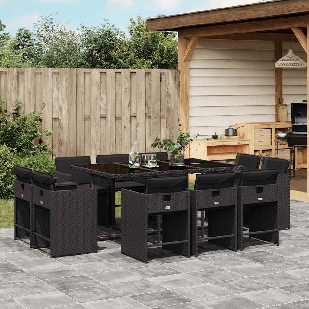 Set da Pranzo da Giardino 11 pz con Cuscini in Polyrattan Nero