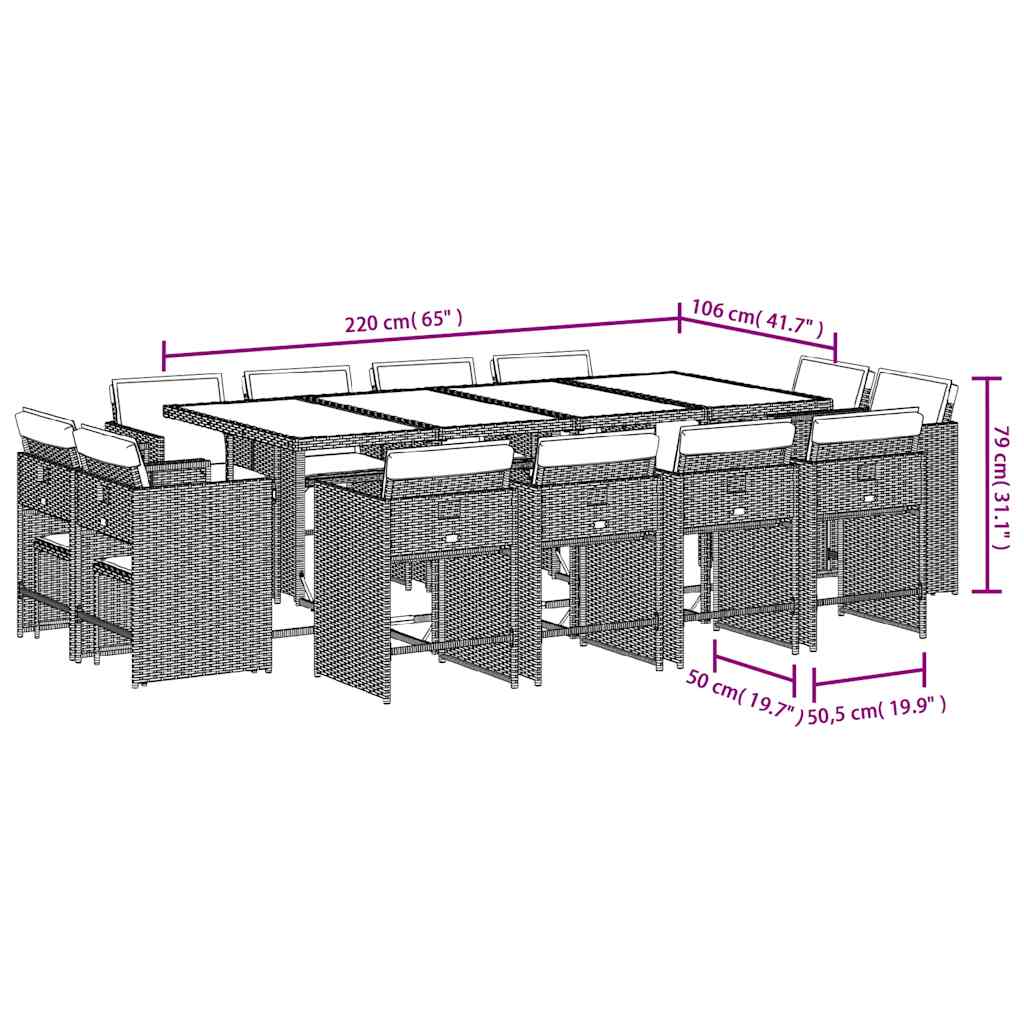Set da Pranzo da Giardino 13pz con Cuscini Grigio in Polyrattan | homemem39