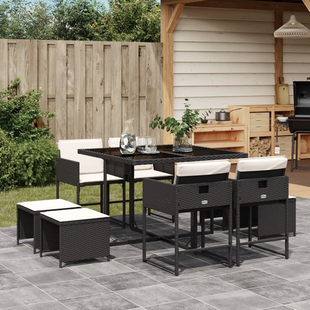 Set da Pranzo da Giardino 9 pz con Cuscini Nero in Polyrattan - homemem39