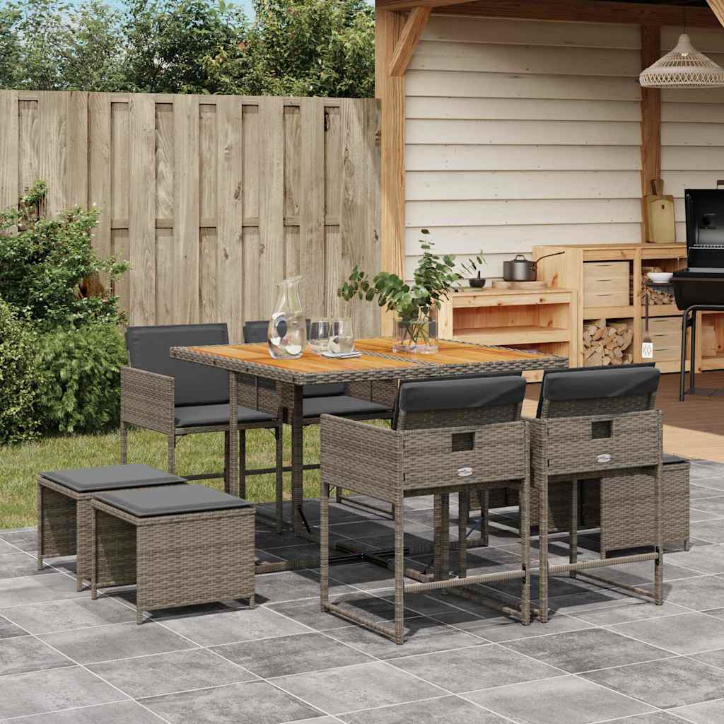 Set da Pranzo da Giardino 9 pz con Cuscini in Polyrattan Grigio - homemem39