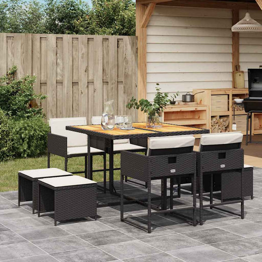 Set da Pranzo da Giardino 9 pz con Cuscini Nero in Polyrattan - homemem39