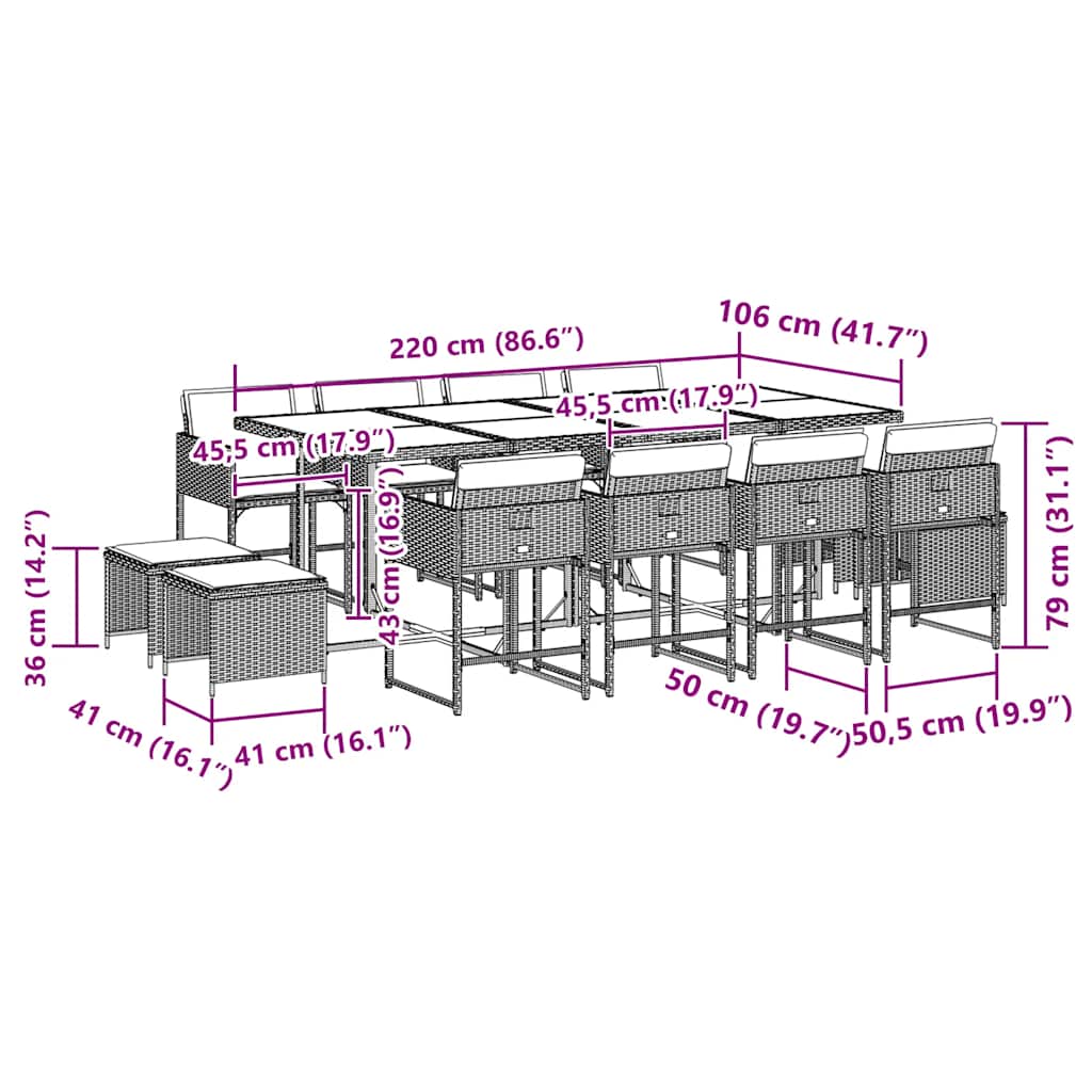 Set da Pranzo da Giardino 13pz con Cuscini Grigio in Polyrattan | homemem39