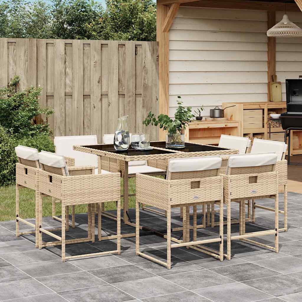 Set da Pranzo da Giardino 9 pz con Cuscini Beige in Polyrattan | homemem39