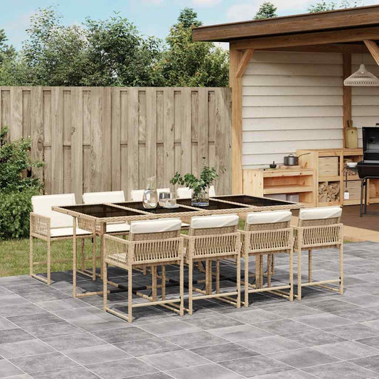 Set da Pranzo da Giardino 9 pz con Cuscini Beige in Polyrattan - homemem39