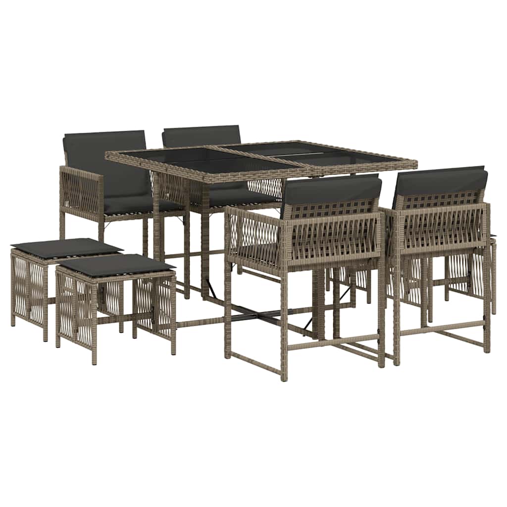Set da Pranzo da Giardino 9 pz con Cuscini in Polyrattan Grigio
