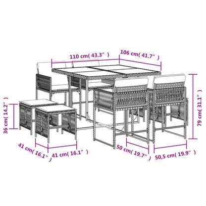 Set da Pranzo da Giardino 9 pz con Cuscini in Polyrattan Grigio