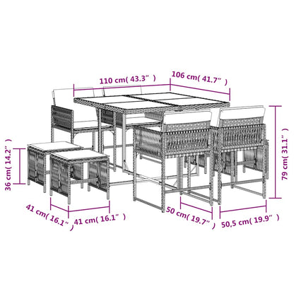Set da Pranzo da Giardino 9 pz con Cuscini in Polyrattan Grigio