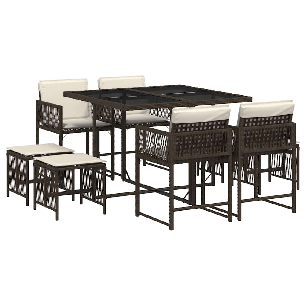 Set da Pranzo da Giardino 9pz con Cuscini Marrone in Polyrattan