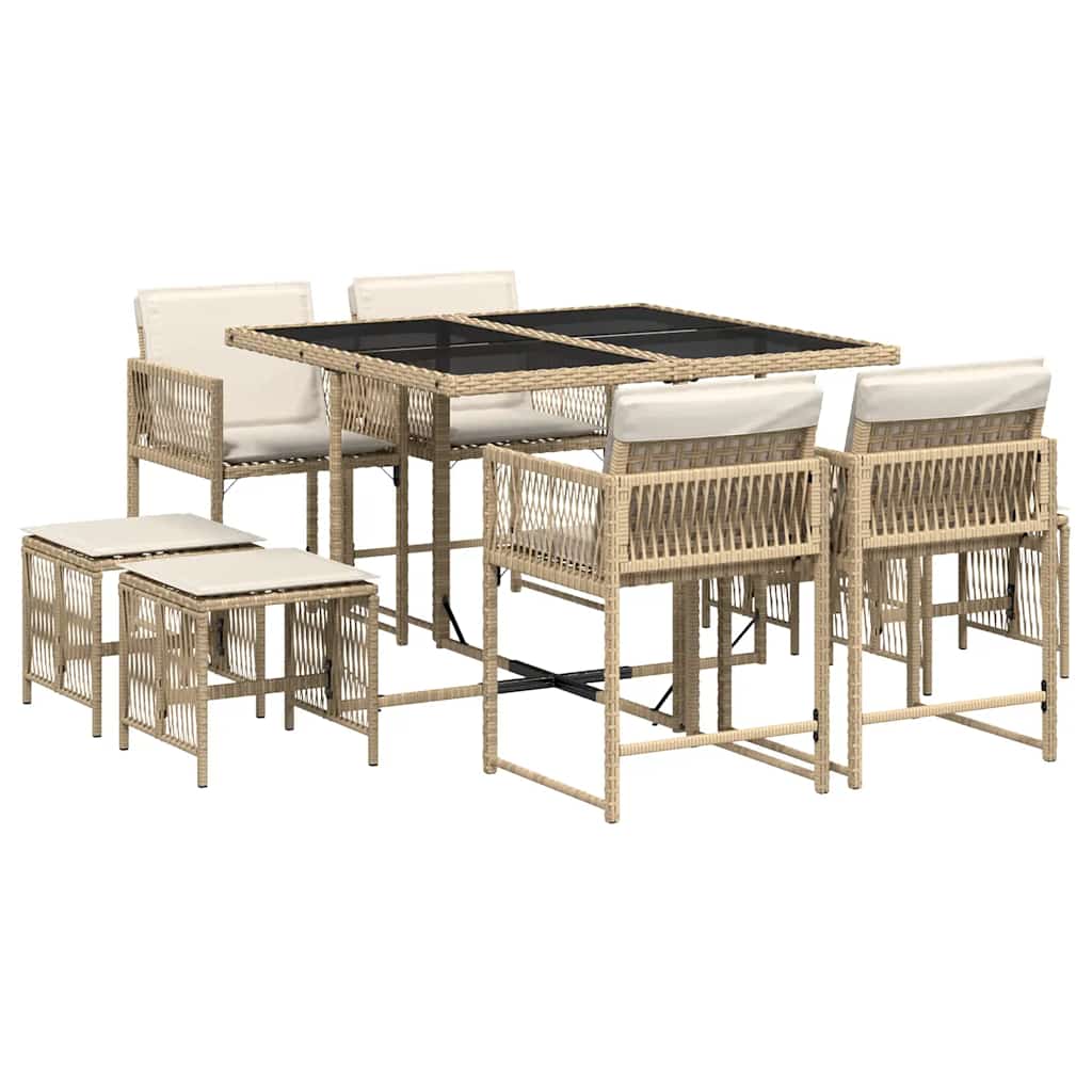 Set da Pranzo da Giardino 9 pz con Cuscini Beige in Polyrattan
