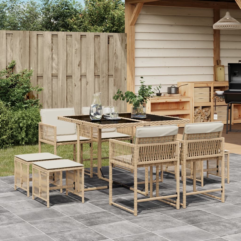 Set da Pranzo da Giardino 9 pz con Cuscini Beige in Polyrattan - homemem39