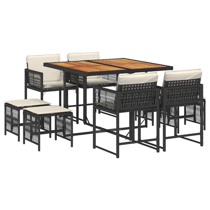 Set da Pranzo da Giardino 9 pz con Cuscini Nero in Polyrattan