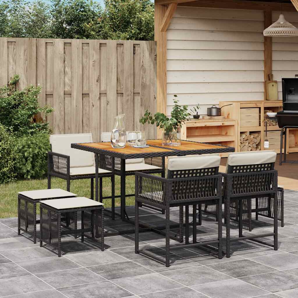 Set da Pranzo da Giardino 9 pz con Cuscini Nero in Polyrattan | homemem39