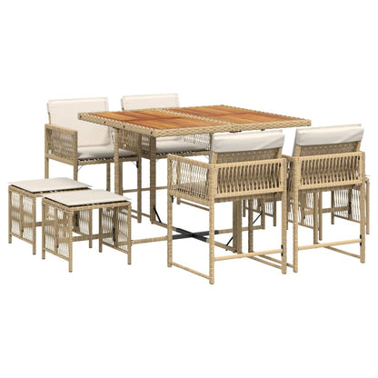 Set da Pranzo da Giardino 9 pz con Cuscini Beige in Polyrattan