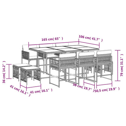 Set da Pranzo da Giardino 11pz con Cuscini in Polyrattan Grigio