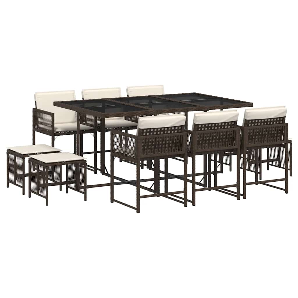 Set da Pranzo da Giardino 11 pz con Cuscini Polyrattan Marrone