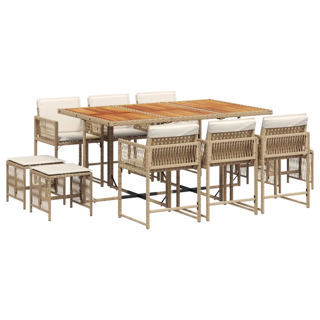 Set da Pranzo da Giardino 11 pz con Cuscini Beige in Polyrattan