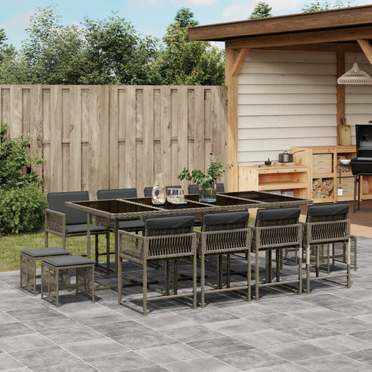 Set da Pranzo da Giardino 13pz con Cuscini Grigio in Polyrattan