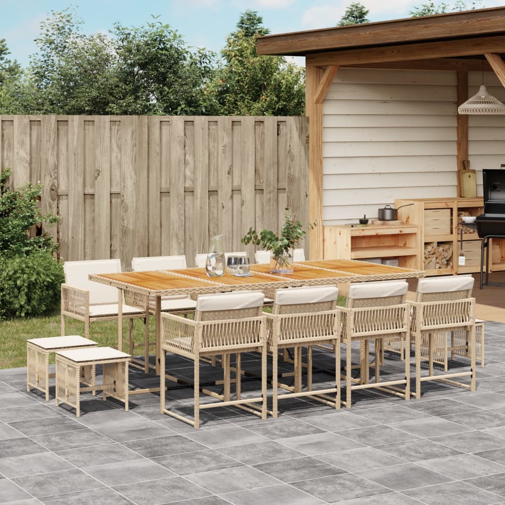 Set da Pranzo da Giardino 13 pz con Cuscini Beige in Polyrattan