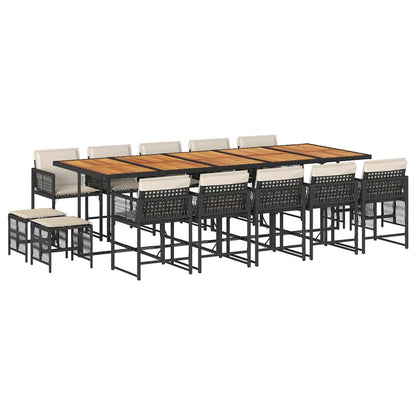 Set da Pranzo da Giardino 15 pz con Cuscini Nero in Polyrattan