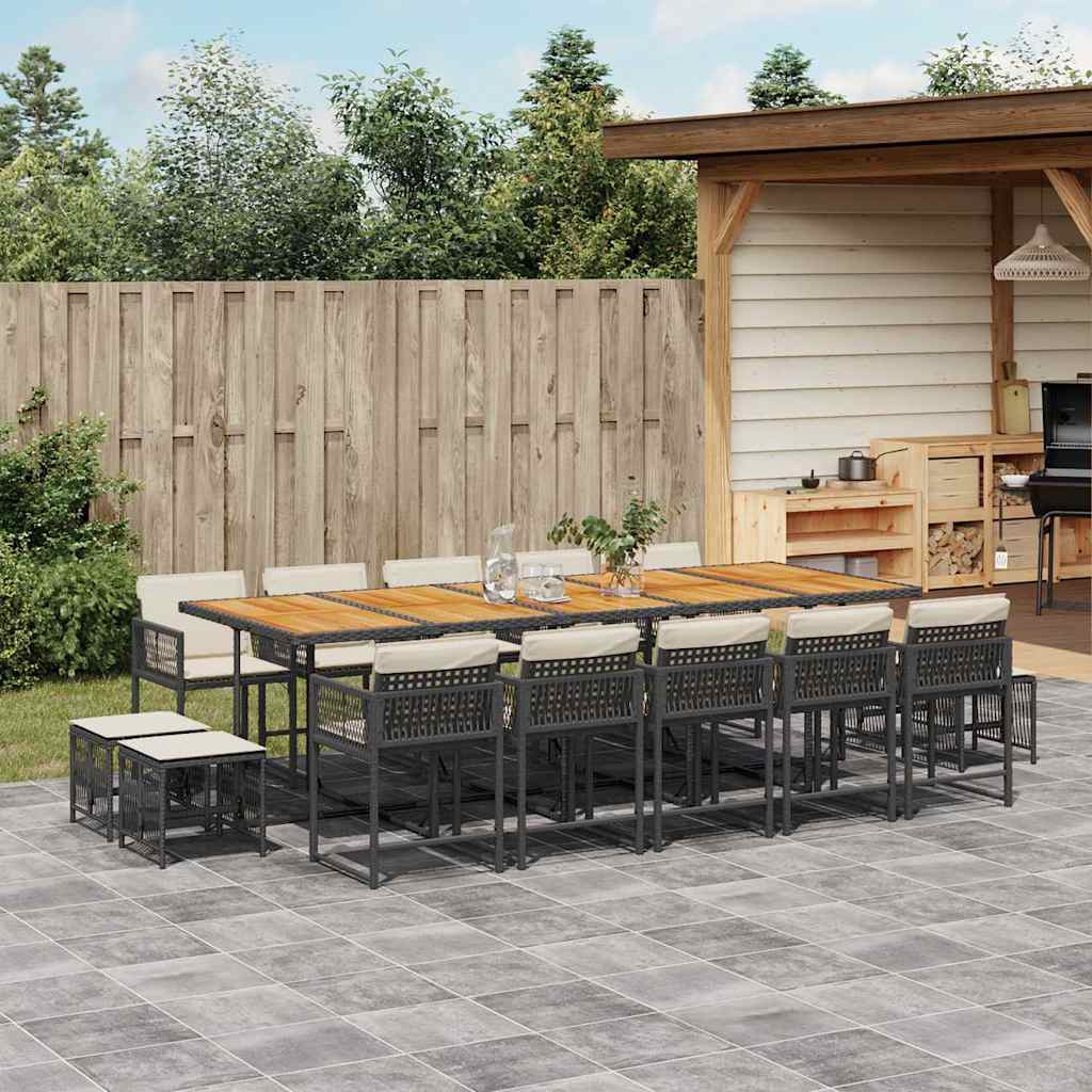 Set da Pranzo da Giardino 15 pz con Cuscini Nero in Polyrattan