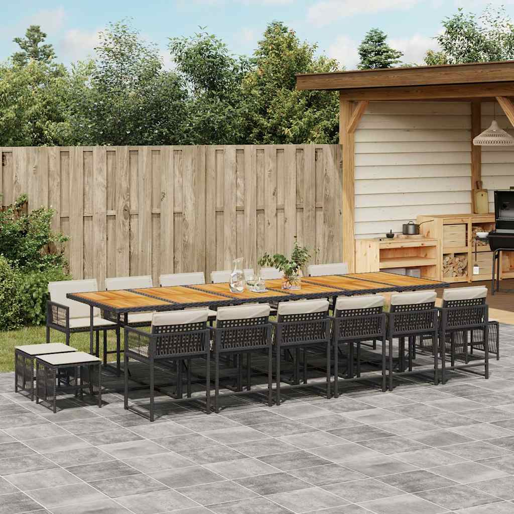 Set da Pranzo da Giardino 17 pz con Cuscini Nero in Polyrattan