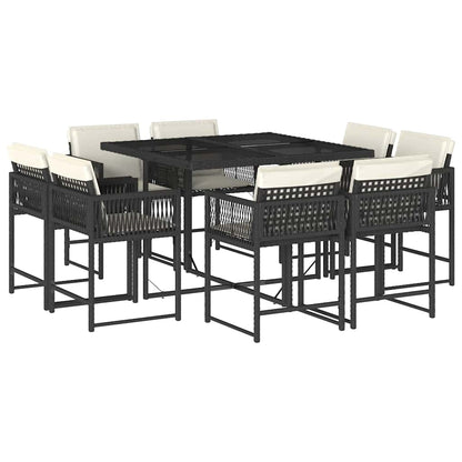 Set da Pranzo da Giardino 9 pz con Cuscini Nero in Polyrattan