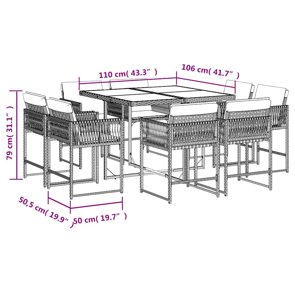Set da Pranzo da Giardino 9 pz con Cuscini Nero in Polyrattan