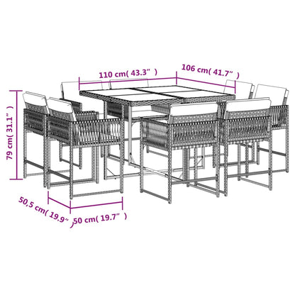 Set da Pranzo da Giardino 9 pz con Cuscini Nero in Polyrattan