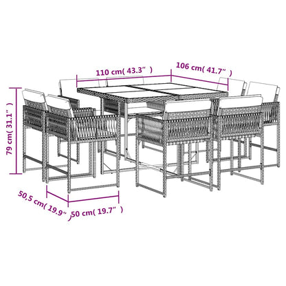 Set da Pranzo da Giardino 9 pz con Cuscini in Polyrattan Grigio