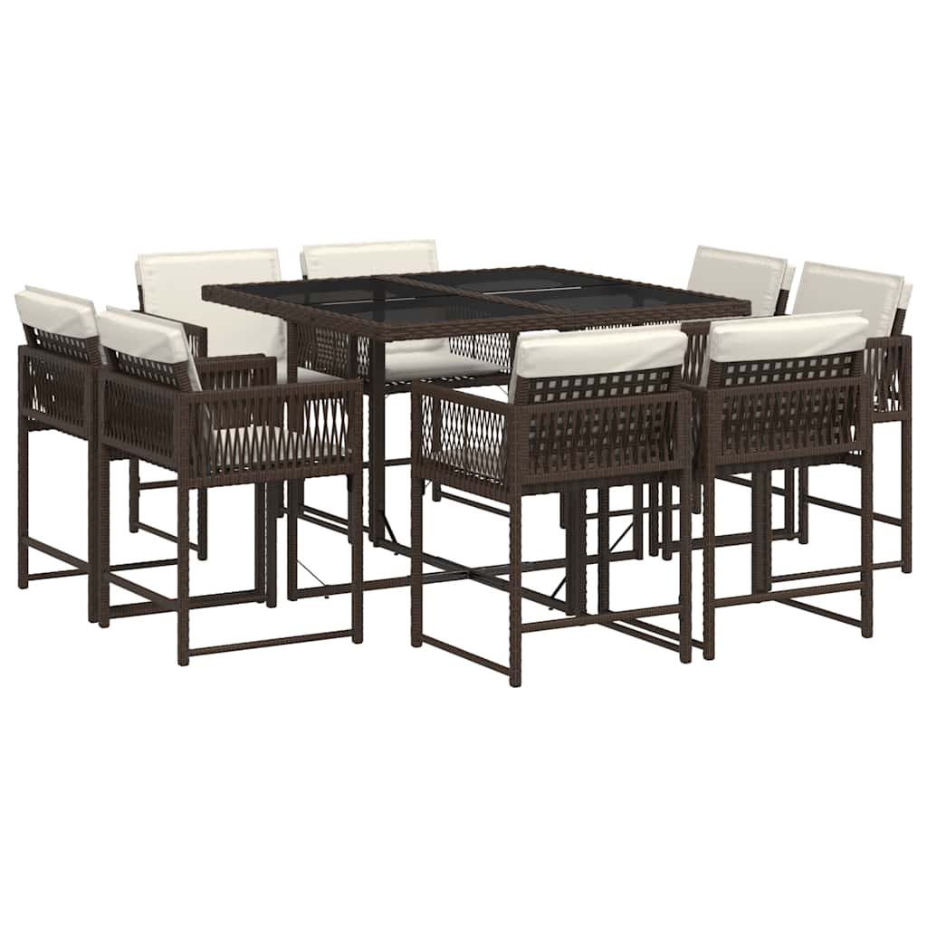 Set da Pranzo da Giardino 9pz con Cuscini Marrone in Polyrattan