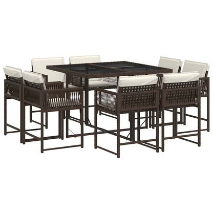 Set da Pranzo da Giardino 9pz con Cuscini Marrone in Polyrattan