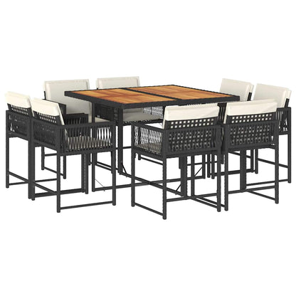 Set da Pranzo da Giardino 9 pz con Cuscini Nero in Polyrattan