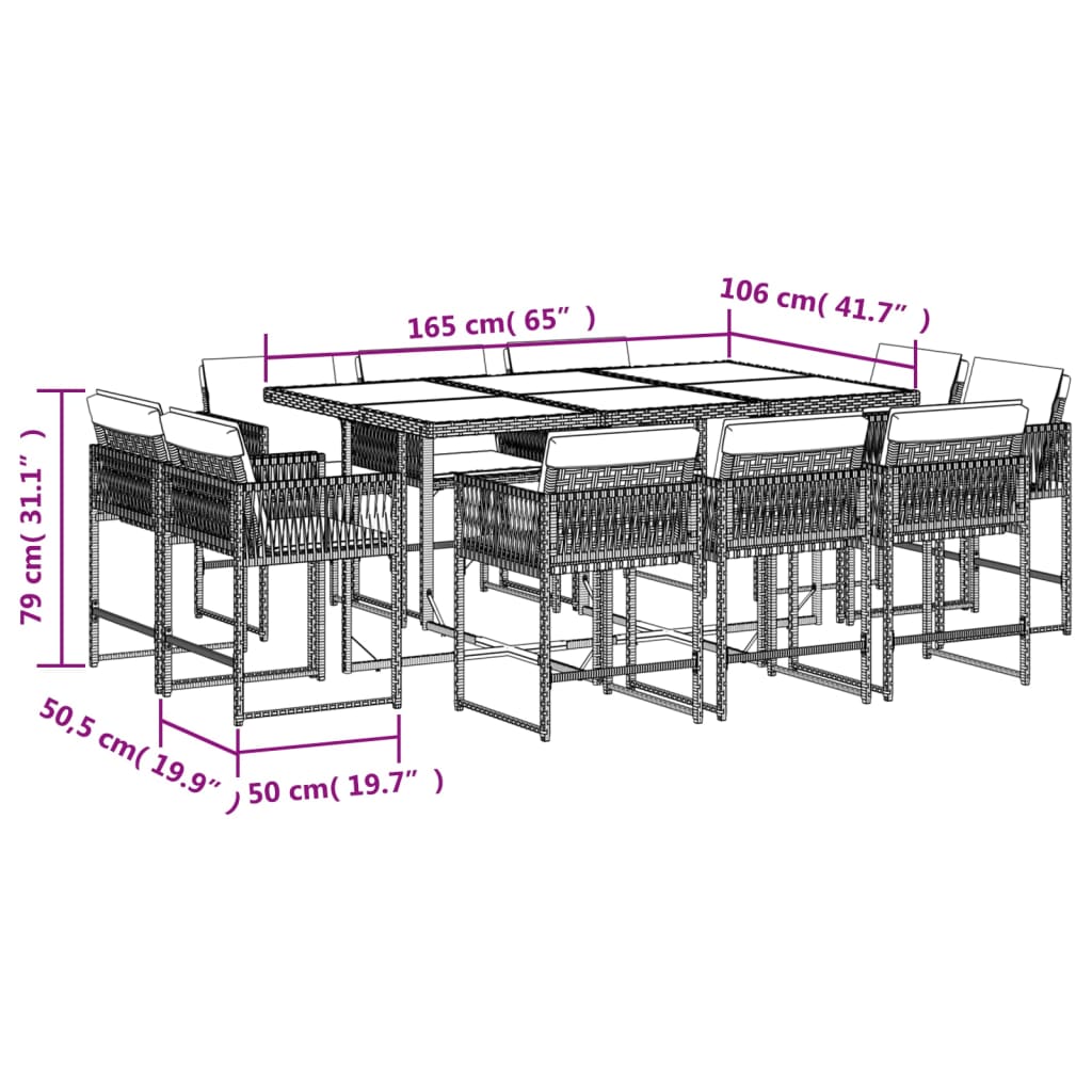 Set da Pranzo da Giardino 11pz con Cuscini in Polyrattan Grigio